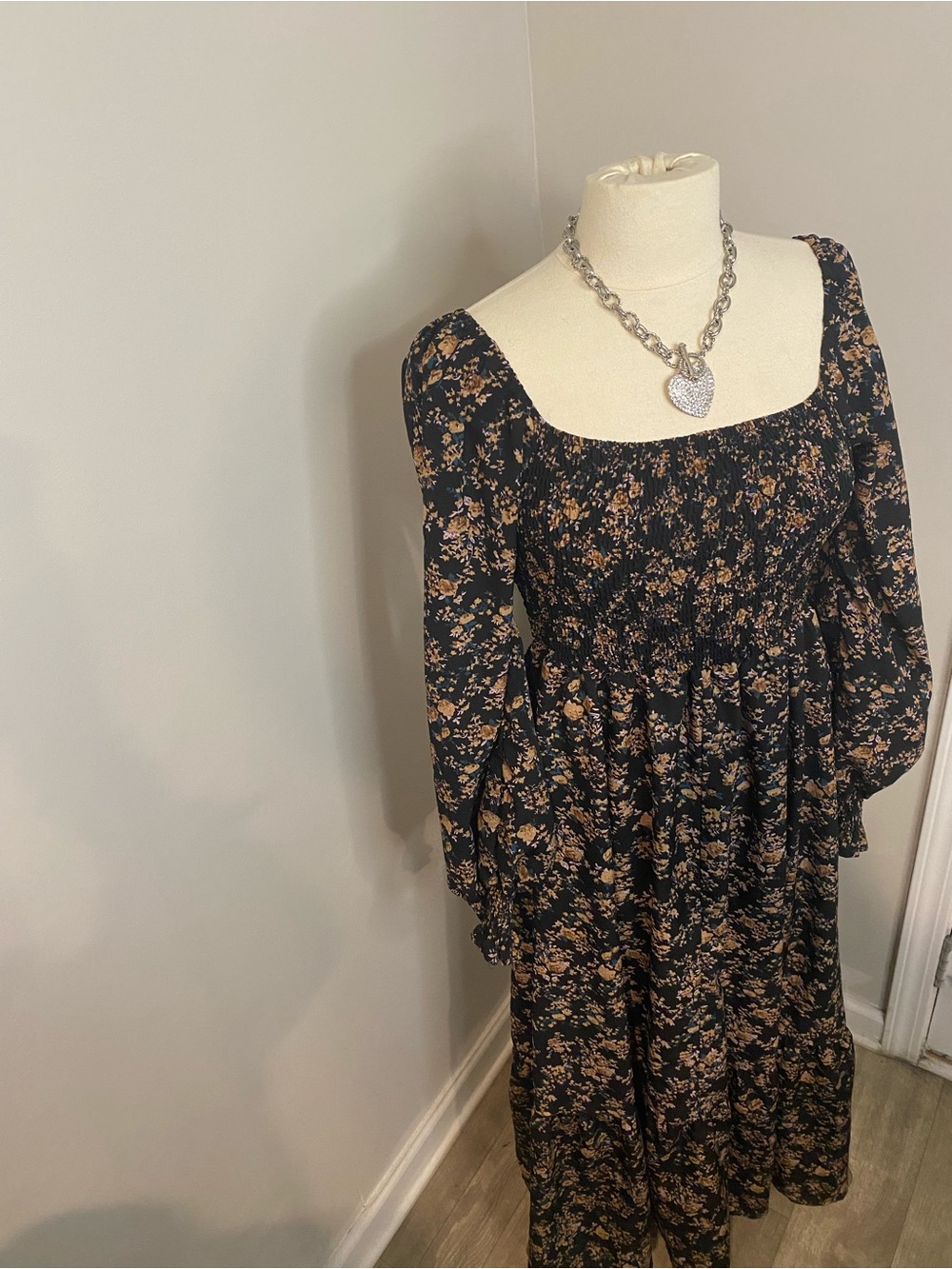Black Floral Square-Neck Long Sleeve Maxi Dress